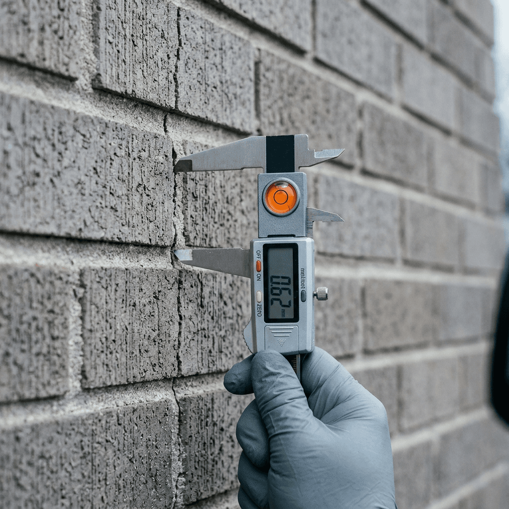 Digital elevation caliper measuring a hairline crack in exterior brick veneer